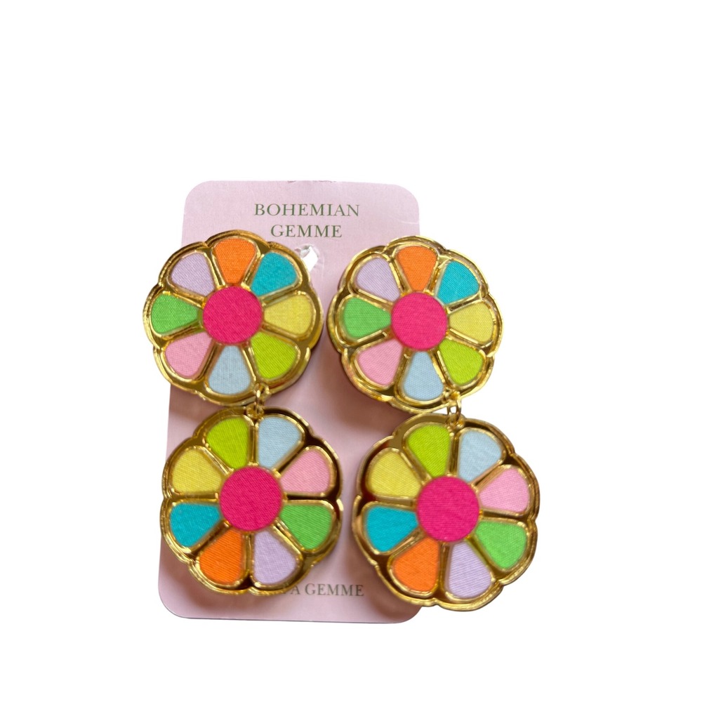 Bohemian Gemme Multicolor Flower Drop Earrings Gold Tone Retro Floral Statement
